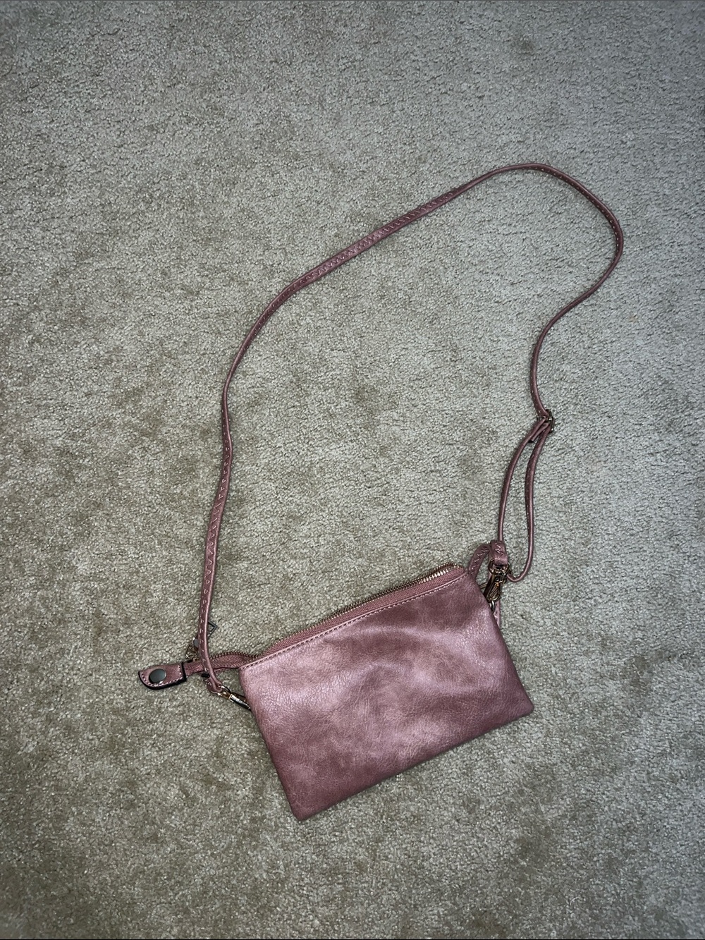 Metallic Dusty Rose Leather Crossbody Bag with Adjustable Strap